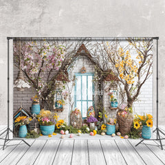 Aperturee - Eggs Yellow Floral Brick Wall Easter Photo Backdrop