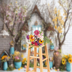 Aperturee - Eggs Yellow Floral Brick Wall Easter Photo Backdrop