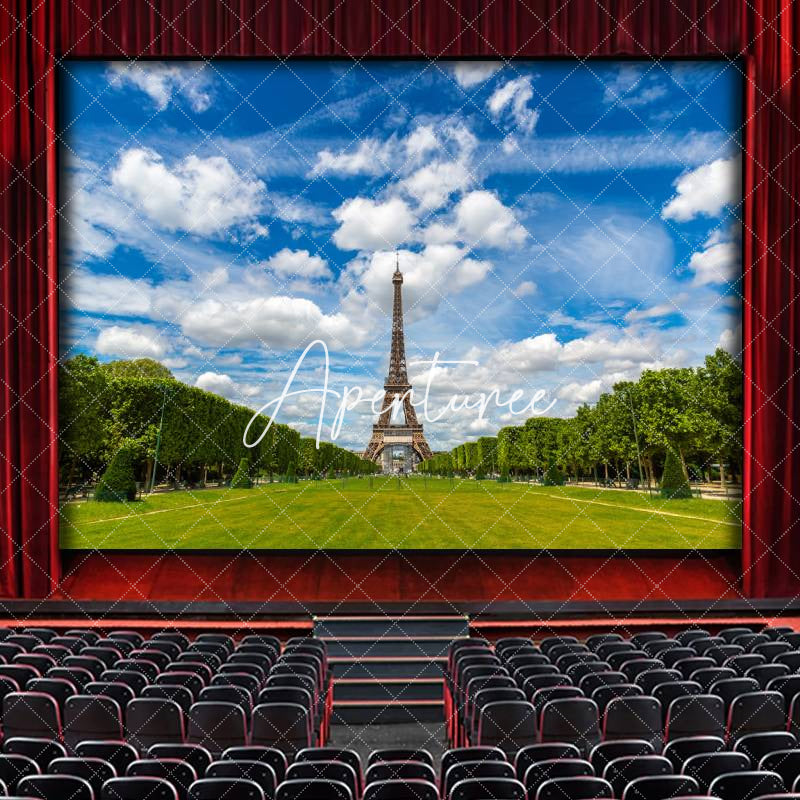 Aperturee - Eiffel Tower Blue Sky Grass Scenery Stage Backdrop