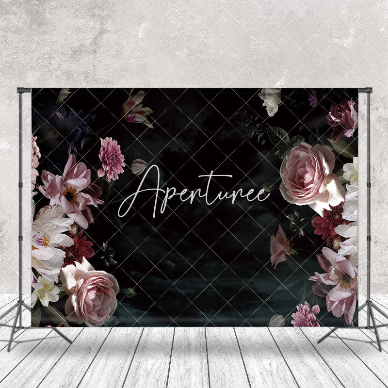 Aperturee - Elegant Black Pink Floral Backdrop For Photography