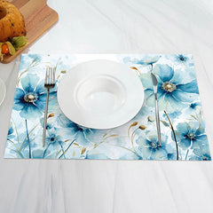 Aperturee - Elegant Blue Ink Floral Vintage Set Of 4 Placemats