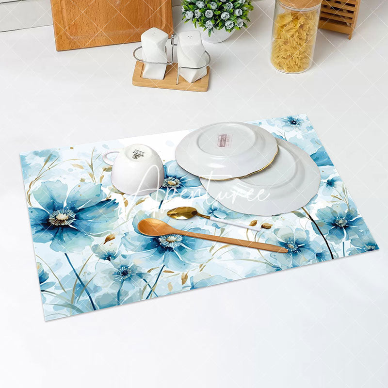 Aperturee - Elegant Blue Ink Floral Vintage Set Of 4 Placemats