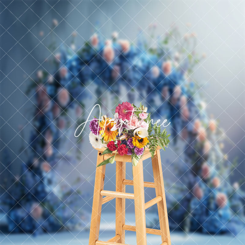 Aperturee - Elegant Blue Pink Arch Floral Wedding Photo Backdrop