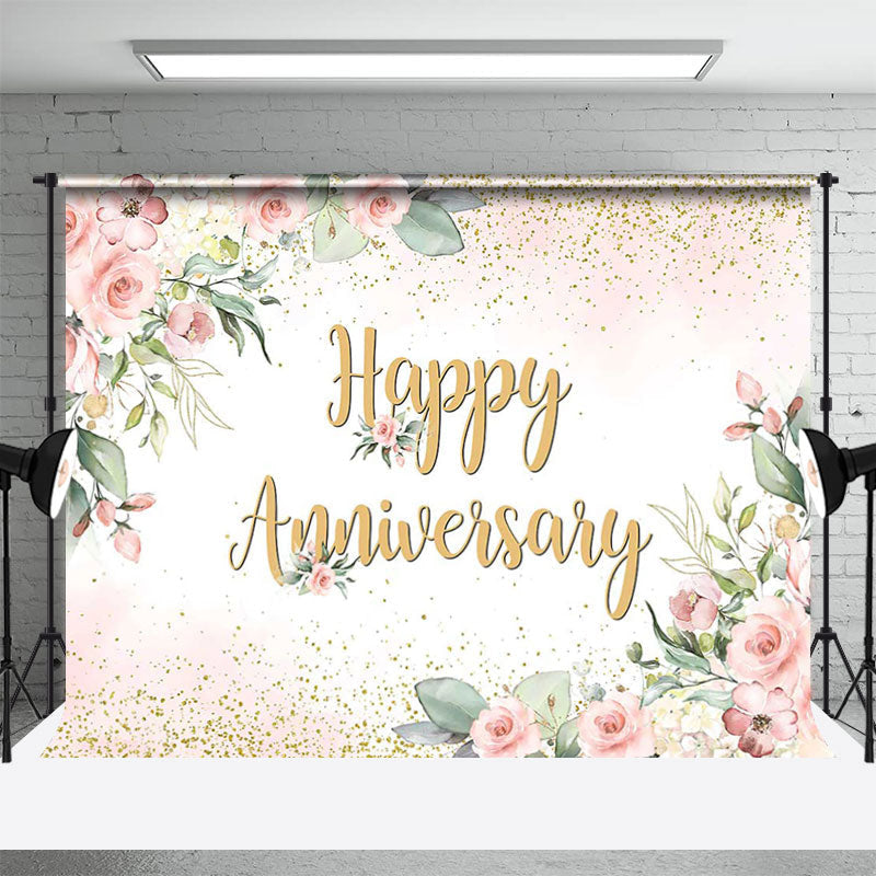 Aperturee - Elegant Boho Floral Gold Happy Anniversary Backdrop