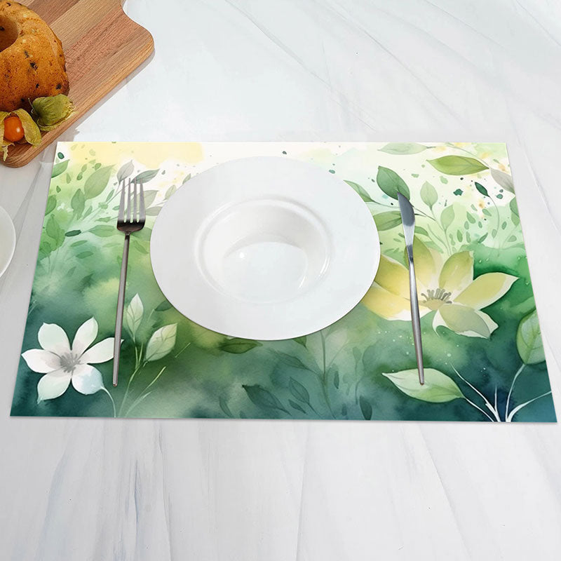 Aperturee - Elegant Green Floral Leaf Vintage Set Of 4 Placemats