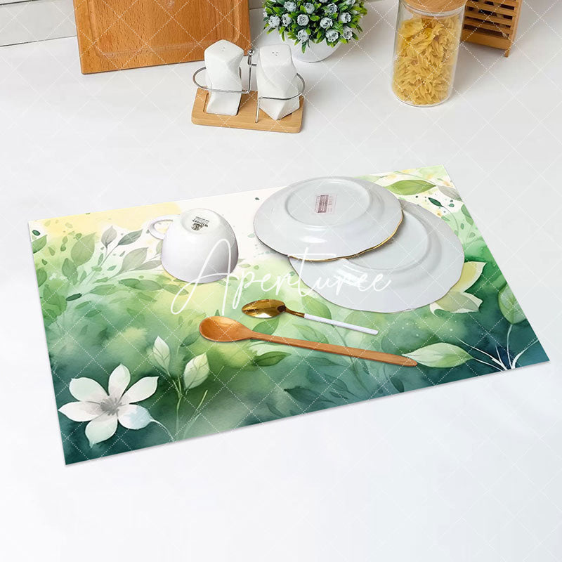 Aperturee - Elegant Green Floral Leaf Vintage Set Of 4 Placemats