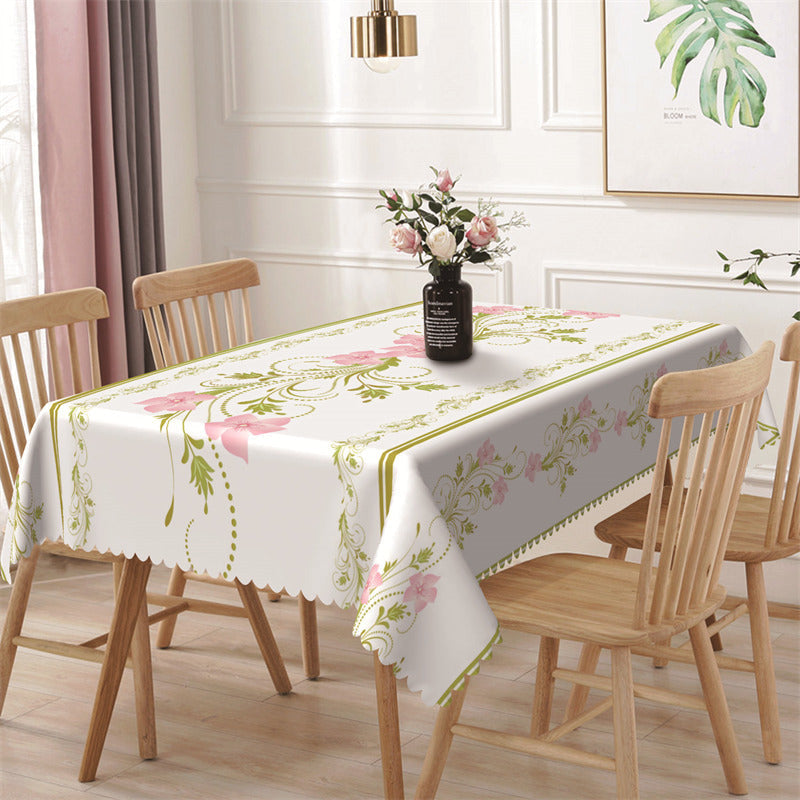 Aperturee - Elegant Green Pink Flowers Line Rectangle Tablecloth