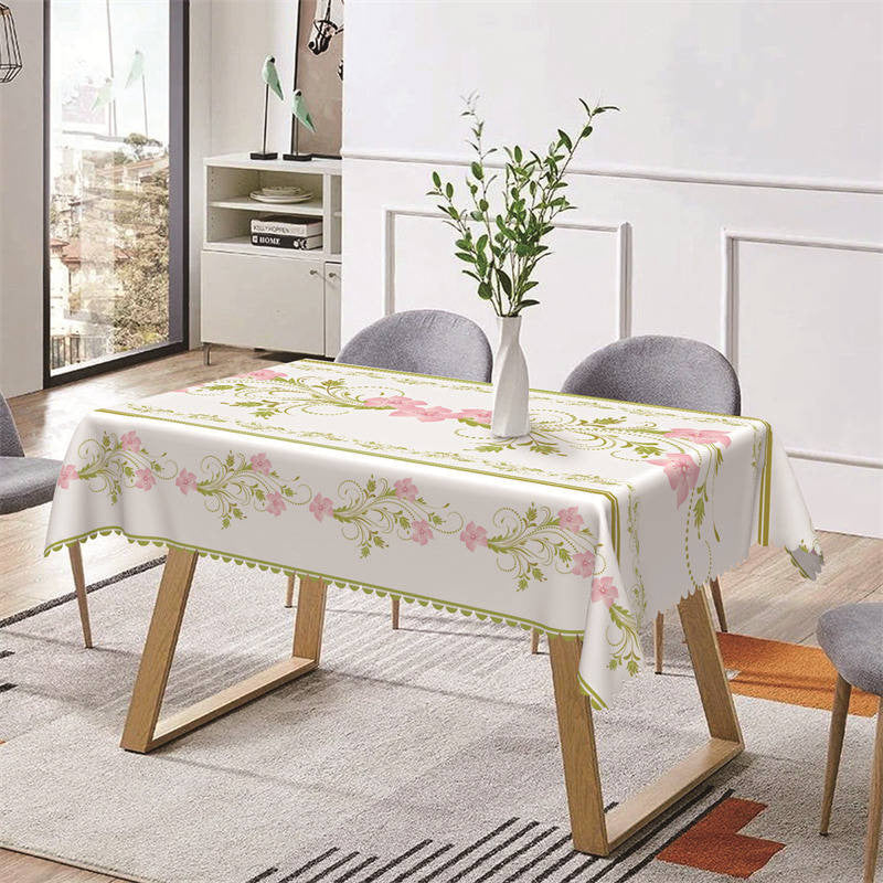 Aperturee - Elegant Green Pink Flowers Line Rectangle Tablecloth