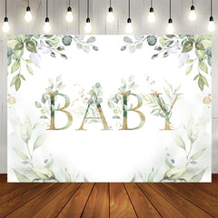 Aperturee - Elegant Light Green Plant and Gold Baby Shower Backdrop