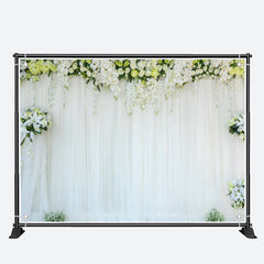 Aperturee - Elegant White Curtain And Flowers Weddiing Backdrop