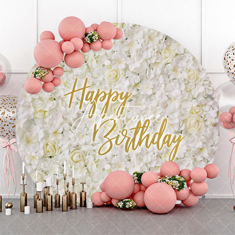 Aperturee Elegant White Floral Circle Happy Birthday Backdrop