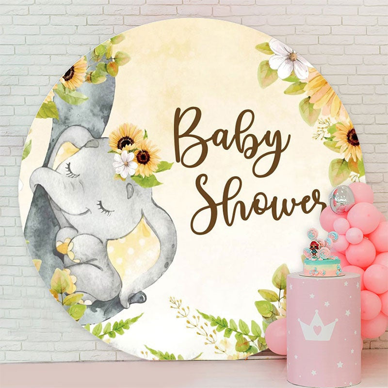 Aperturee - Elephant And Sunflower Circle Baby Shower Backdrop