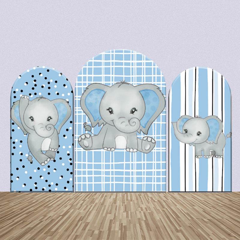 Aperturee - Elephant Blue Plaid Stripe Dots Arch Backdrop Kit