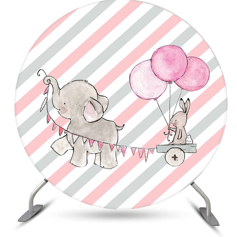 Aperturee - Elephant Rabbit With Balloon Round Birthday Backdrop Kit