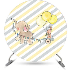 Aperturee - Elephant Rabbit Yellow Balloon Round Birthday Backdrop Kit