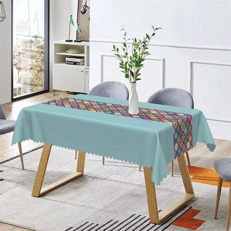 Aperturee - Ethnic Design Plaid Boho Blue Rectangle Tablecloth