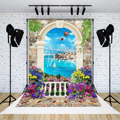 Aperturee - European Door Flower Ocean Stone Wall Photo Backdrop