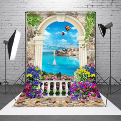 Aperturee - European Door Flower Ocean Stone Wall Photo Backdrop