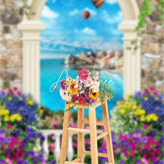 Aperturee - European Door Flower Ocean Stone Wall Photo Backdrop