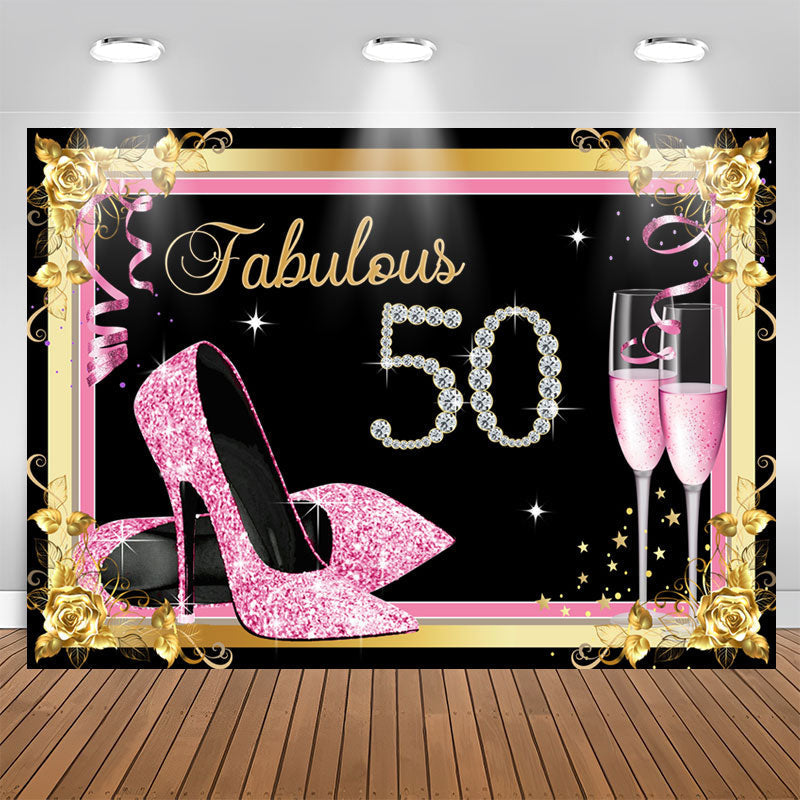 Aperturee - Fabulous 50 Pink and Gold Diamonds Birthday Backdrop