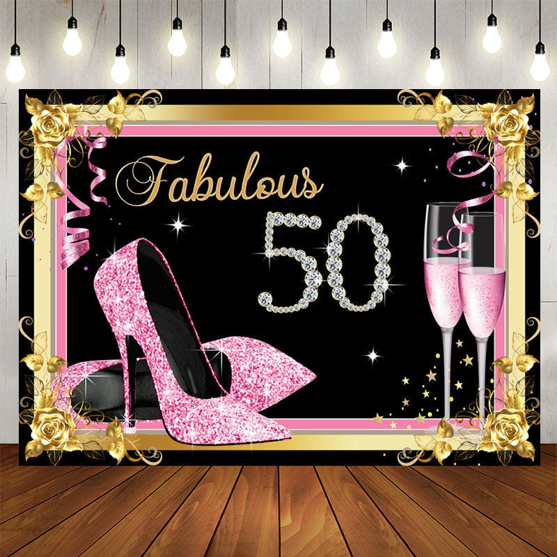 Aperturee - Fabulous 50 Pink and Gold Diamonds Birthday Backdrop