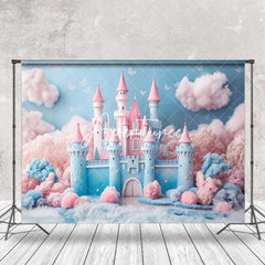 Aperturee - Fairy Tale Blue Pink Castle Plush Cake Smash Backdrop