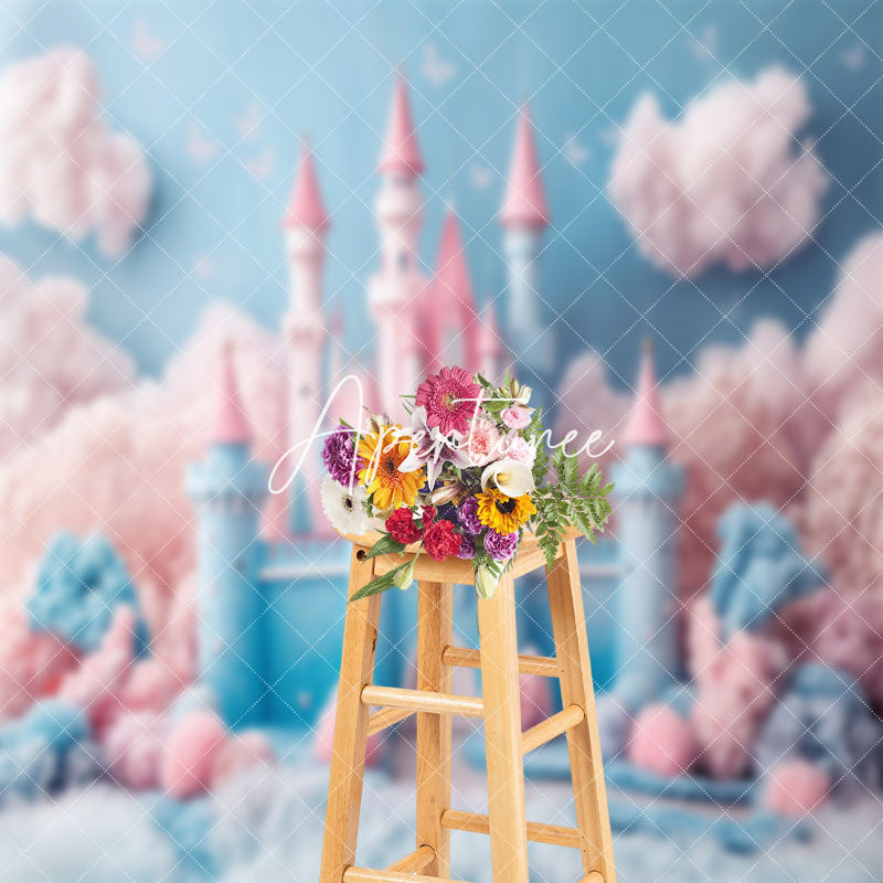 Aperturee - Fairy Tale Blue Pink Castle Plush Cake Smash Backdrop