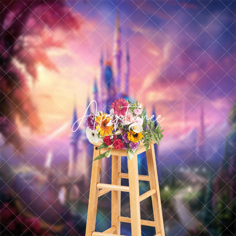 Aperturee - Fairy Tale Castle Sunset Trees Cake Smash Backdrop