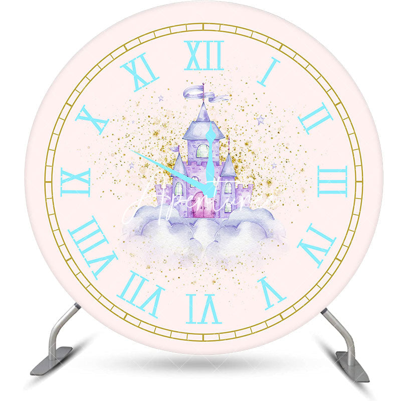 Aperturee - Fairy Tale Pink Clock Castle Round Birthday Backdrop