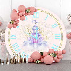 Aperturee - Fairy Tale Pink Clock Castle Round Birthday Backdrop