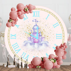 Aperturee - Fairy Tale Pink Clock Castle Round Birthday Backdrop