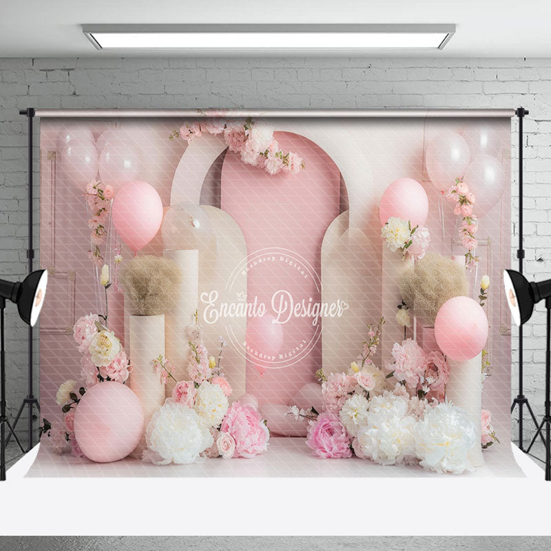 Aperturee - Fairy Tale Pink White Floral Cake Smash Backdrop