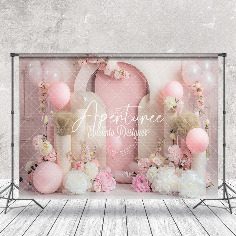 Aperturee - Fairy Tale Pink White Floral Cake Smash Backdrop