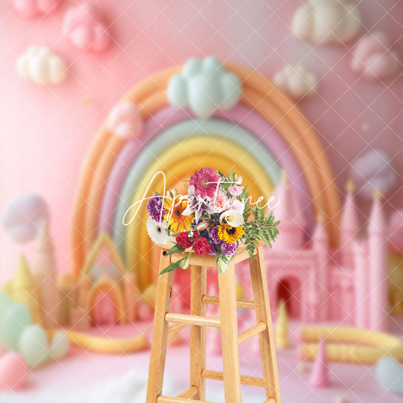 Aperturee - Fairy Tale Rainbow Castle Cloud Cake Smash Backdrop