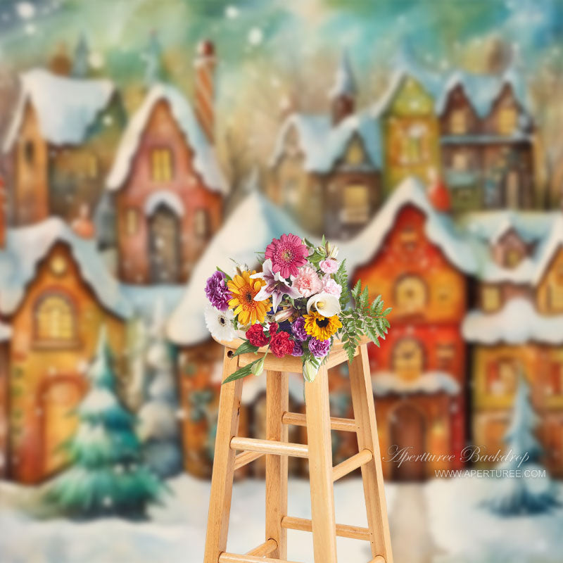 Aperturee - Fairy Tale Snowy Town Christmas Portrait Backdrop