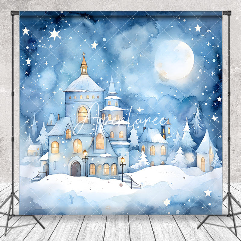 Aperturee - Fairy Tale Snowy Town Moon Stars Winter Backdrop