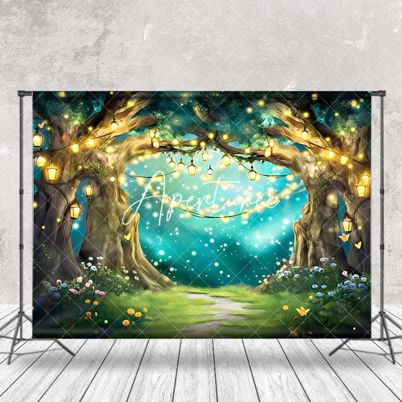 Aperturee - Fairy Tale Warm Light Floral Forest Photo Backdrop