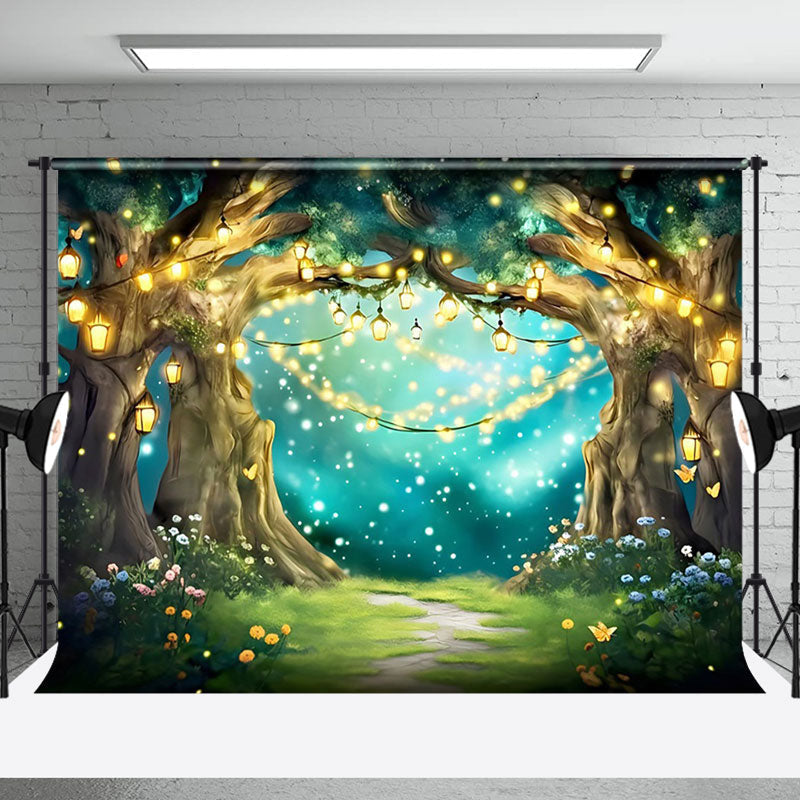 Aperturee - Fairy Tale Warm Light Floral Forest Photo Backdrop