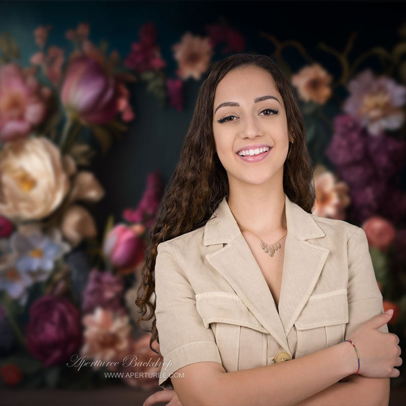 Aperturee - Fancy Bouquet Peony Chic Dark Green Photo Backdrop