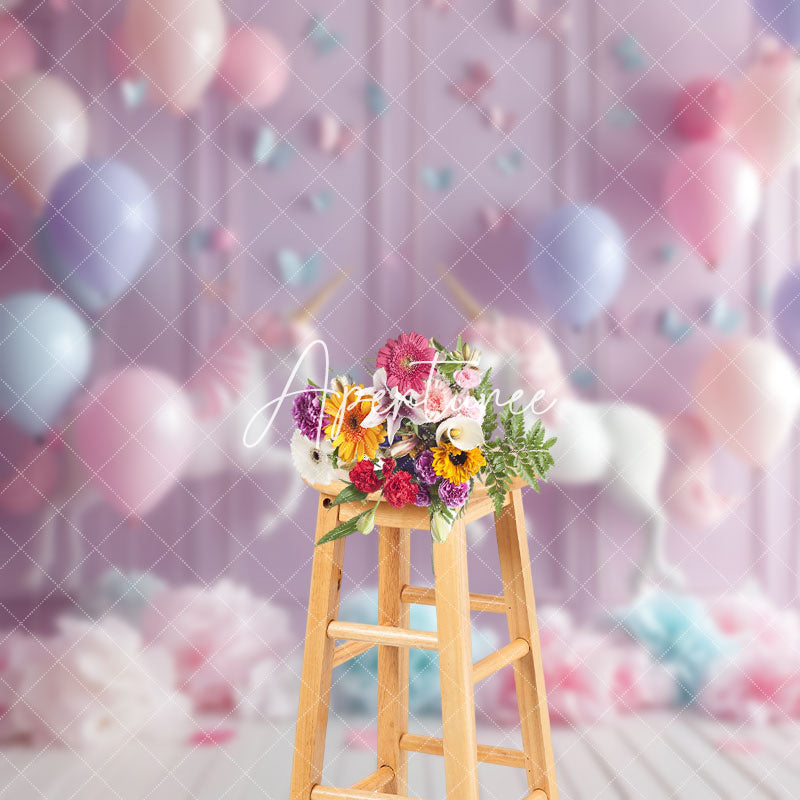 Aperturee - Fantasy Balloons Unicorn Purple Wall Photo Backdrop