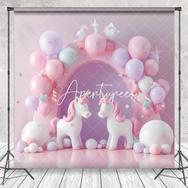 Aperturee - Fantasy Pink Arch Balloons Unicorn Photo Backdrop