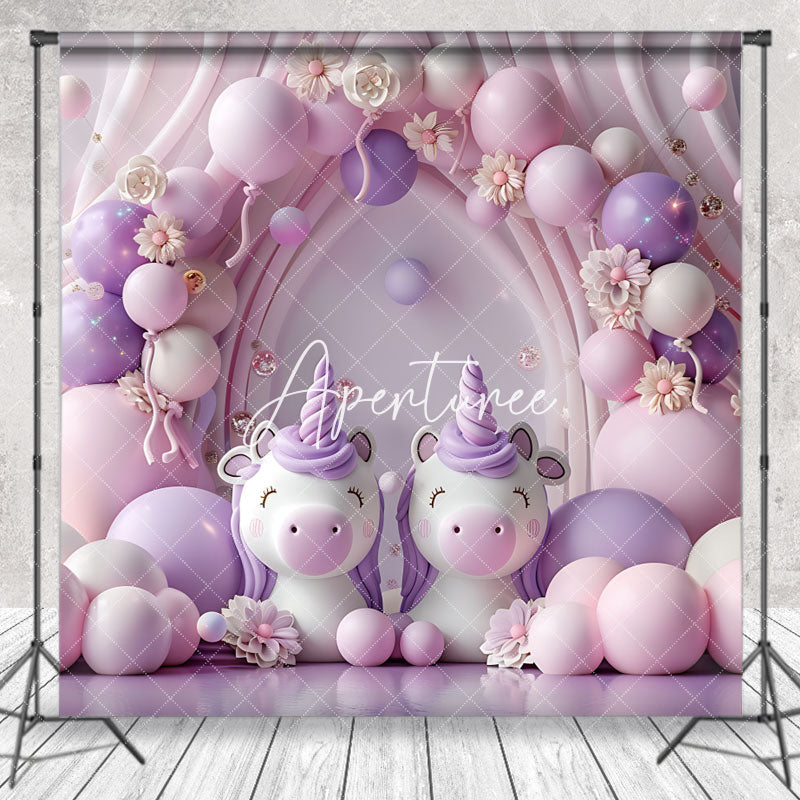 Aperturee - Fantasy Pink Purple Floral Unicorn Photo Backdrop