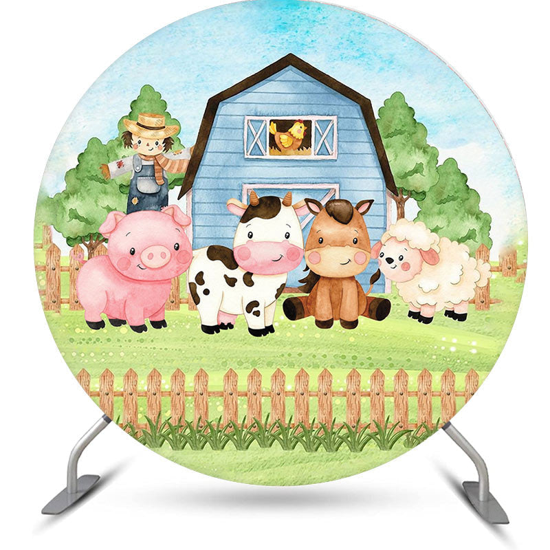 Aperturee - Farm Animals Blue Apron Round Birthday Backdrop Kit For Kids