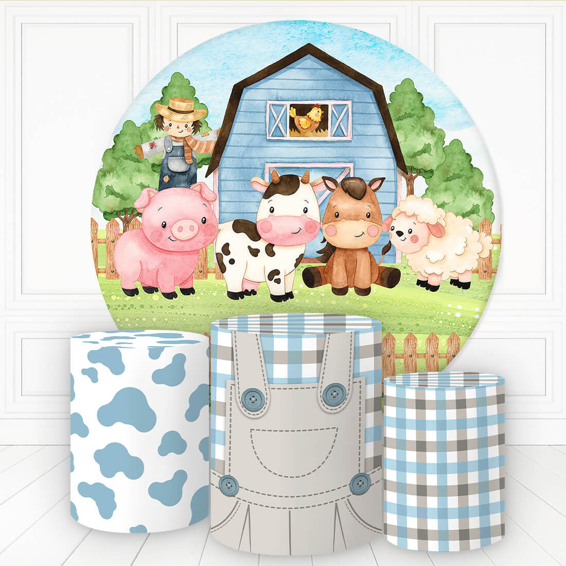 Aperturee Farm Animals Blue Apron Round Birthday Backdrop Kit For Kids