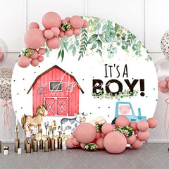 Aperturee - Farm Animals Leaf Round Baby Shower Backdrop For Boy