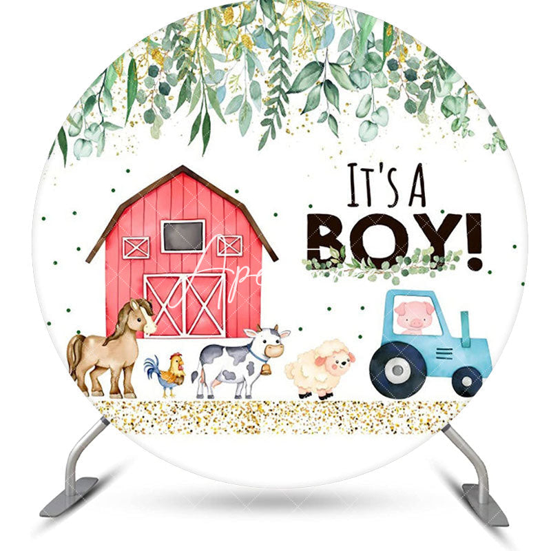 Aperturee - Farm Animals Leaf Round Baby Shower Backdrop For Boy