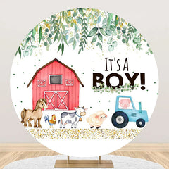 Aperturee - Farm Animals Leaf Round Baby Shower Backdrop For Boy