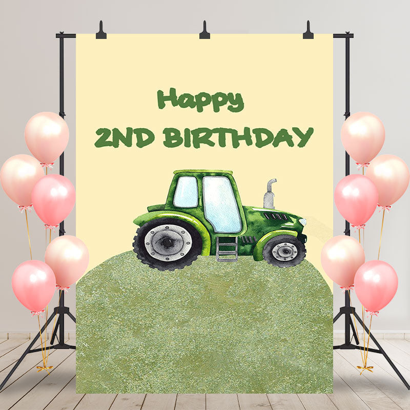 Aperturee - Farm Green Tractor Happy 2nd Birthday Party Backdrop