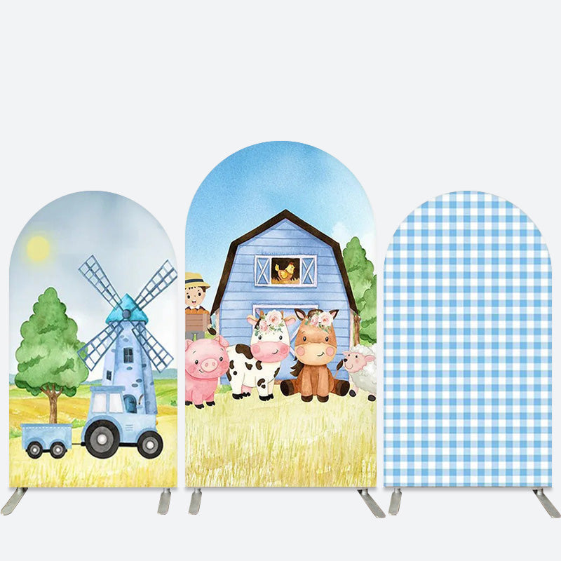 Aperturee Farm Windmill Baby Animal Blue Plaid Arch Backdrop Kit