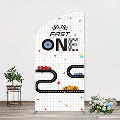 Aperturee - Fast One Racing Track Plaid Arch Birthday Backdrop